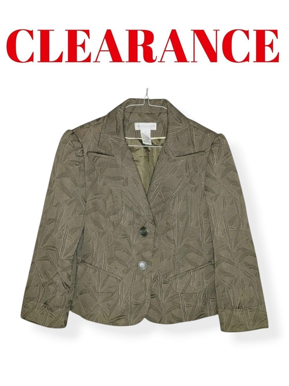 Worthington Green Taupe Textured Blazer Leaf Pattern Classic Women Jacket Size 6